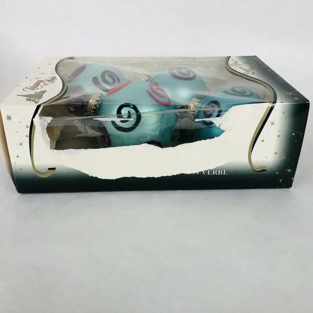 Christmas By Krebs‎ Glass Ornaments Turquoise Blue With Flock Design 4 In Box